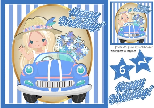Birthday girl in blue car with flowers in stripe 8x8