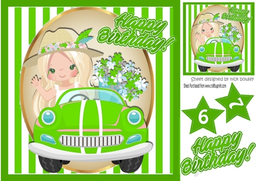 Birthday girl in green car with flowers in stripe 8x8