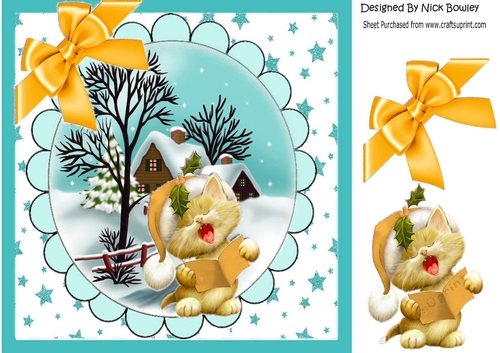 lovely snow scene with cottage, stars and kitten gold bow 8x8 card front