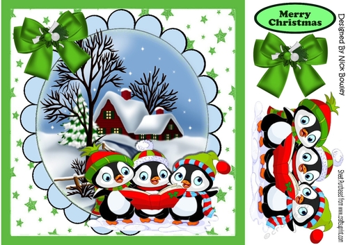 A Trio of Carol singing penguins with snow scene (Green) 8x8