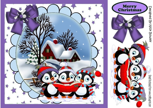 A Trio of Carol singing penguins with snow scene (Purple) 8x8