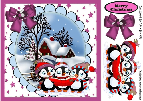 A Trio of Carol singing penguins with snow scene (Pink) 8x8