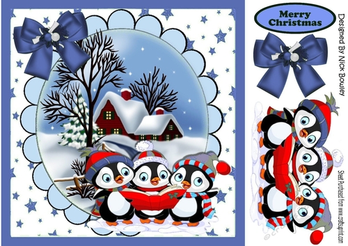 A Trio of Carol singing penguins with snow scene (Blue) 8x8