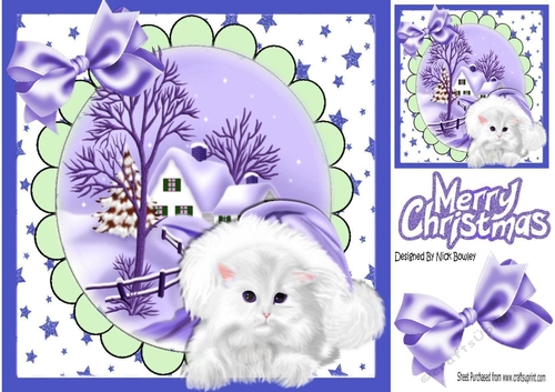 White Fluffy Kitten in santa hat with purple bow 8x8