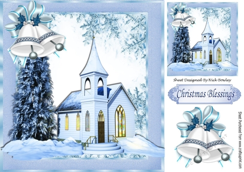 Christmas Blessings with church & blue bells 8x8