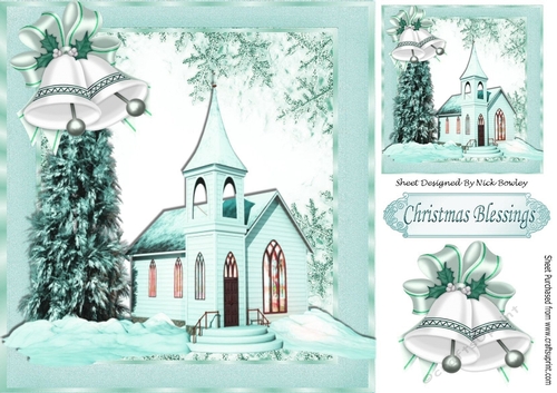 Christmas Blessings with church & turq bells 8x8