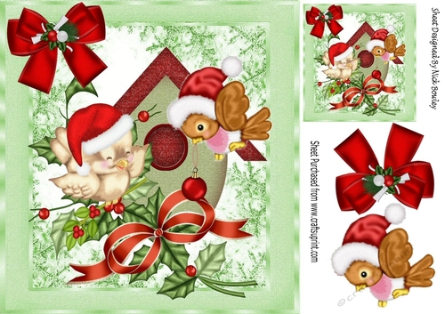 Cute little robins with bird house and bow 8x8