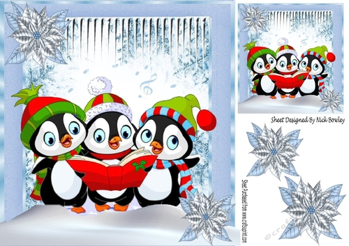 Cute carol singing trio of penguins with snowflakes 8x8