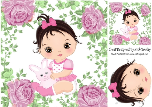 sweet baby girl with her bunny in pink rose frame 8x8