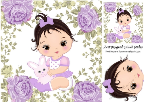 sweet baby girl with her bunny in lilac rose frame 8x8