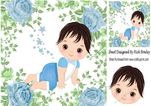 Crawling baby boy in blue rose frame 8x8