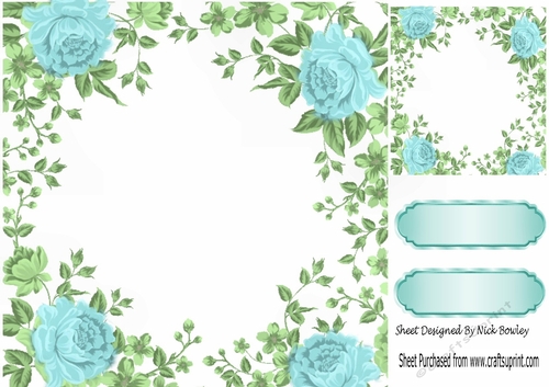 Pretty turq rose and leaf card front 8x8