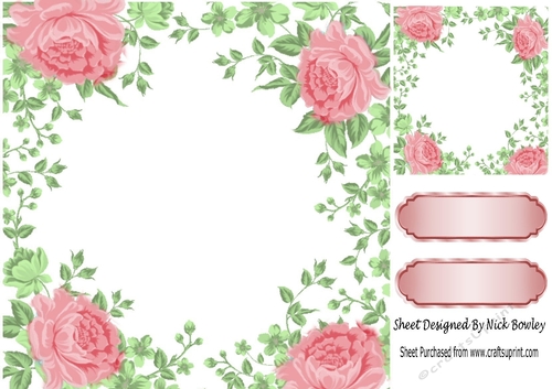 Pretty pink rose and leaf card front 8x8