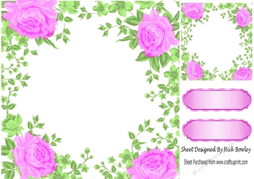 Pretty cerise rose and leaf card front 8x8