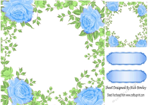 Pretty blue rose and leaf card front 8x8