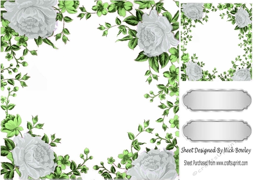 Pretty silver rose and leaf card front 8x8