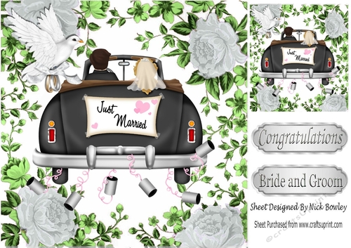 BRIDE & GROOM in wedding car with silver rose frame 8x8