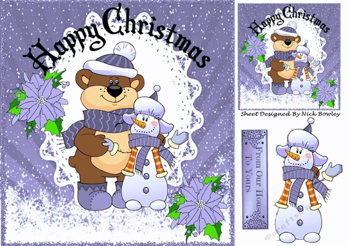 Best of Snow friends cute snowman with bear (purple poinsettias) 8x8