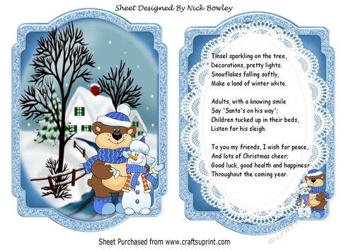 Christmas snow scene bear & snowman bracket card/verse