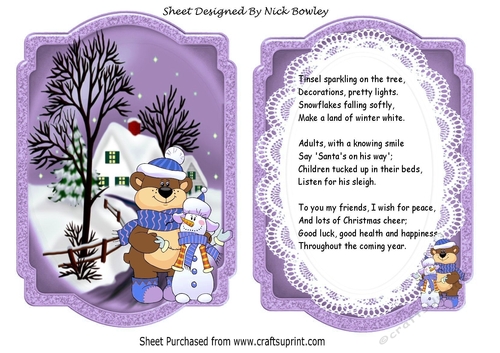 Christmas snow scene bear & snowman purple bracket card/verse