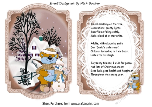 Christmas snow scene bear & snowman brown bracket card/verse