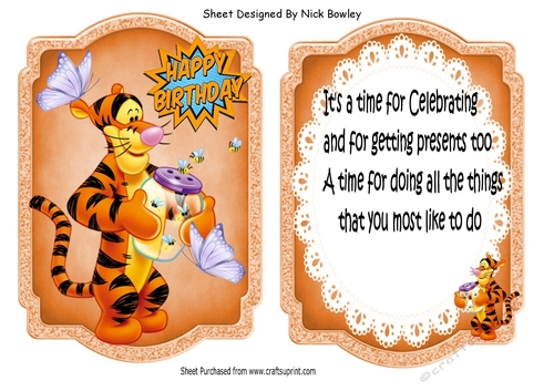 Lovely Tigger with butterflies and bees bracket card front & insert