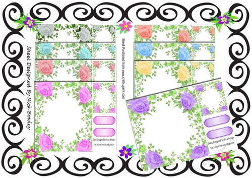 8 8x8 Lovely coloured roses with leaves card fronts, toppers/tags