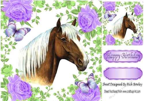 Pretty palomino Horse with purple roses & butterflies 8x8