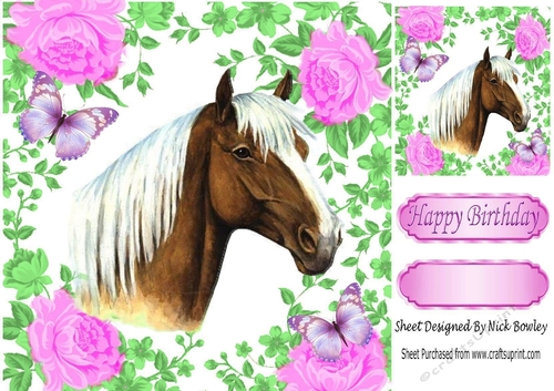 Pretty palomino Horse with cerise roses & butterflies 8x8
