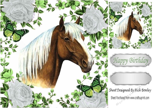 Pretty palomino Horse with silver roses & butterflies 8x8