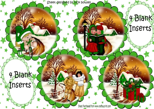 Four lovely green scalloped toppers of scenes with vintage & inserts (set three)
