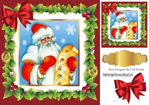 Lovely vintage santa with his list in holly frame with bow 8x8
