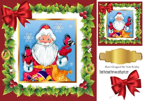 Lovely  santa with little birds in holly frame with bow 8x8
