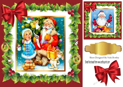 Lovely  santa with little girl singing in holly frame with bow 8x8