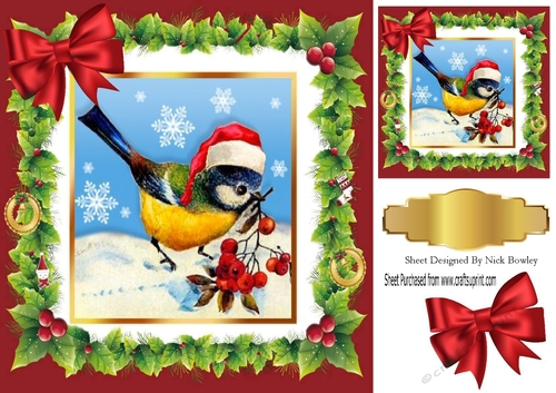  little bird in a hat in the snow with berries in holly frame with bow 8x8