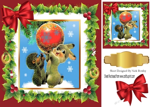 Lovely little bunny & hedgehog with bauble in holly frame with bow 8x8