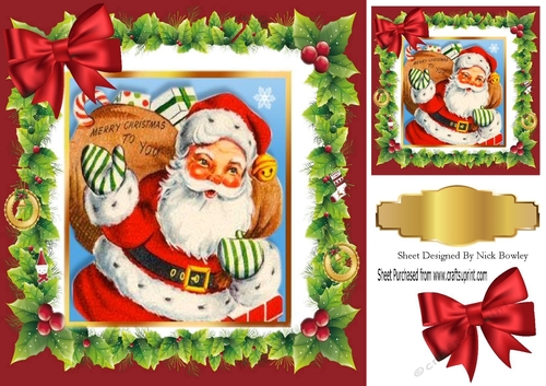 Lovely santa with sack of toys in holly frame with bow 8x8