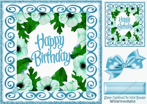 blue  painted flower frame with bow and scroll 8X8