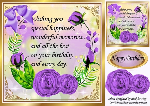 Pretty painted purple roses frame with bow birthday verse 8x8
