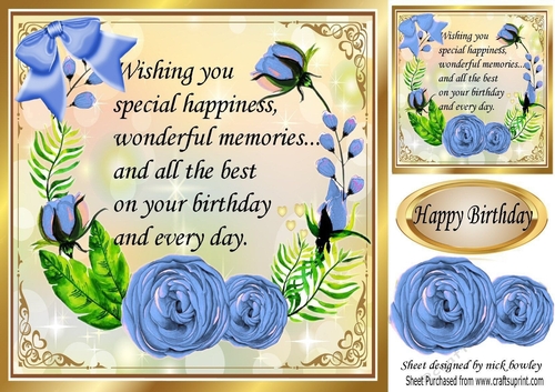 Pretty painted blue roses frame with bow birthday verse 8x8