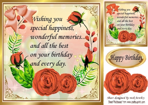 Pretty painted peach roses frame with bow birthday verse 8x8