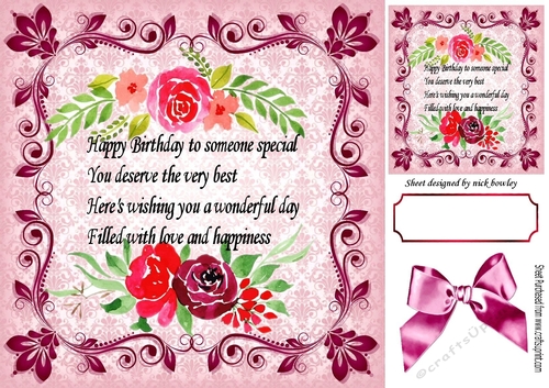 pink roses in ornate scroll frame with bow & verse 8x8