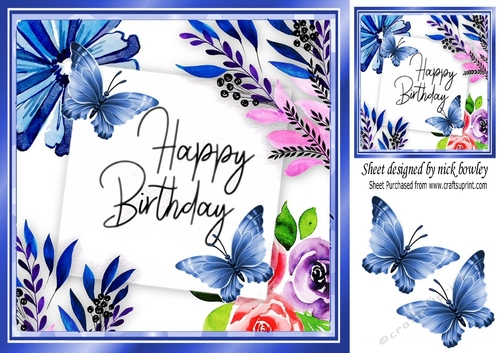 Blue watercolour flowers with butterflies 8x8