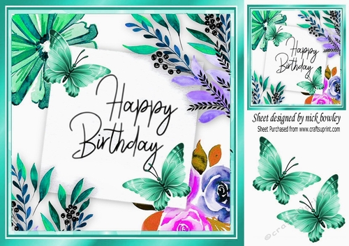 turq watercolour flowers with butterflies 8x8