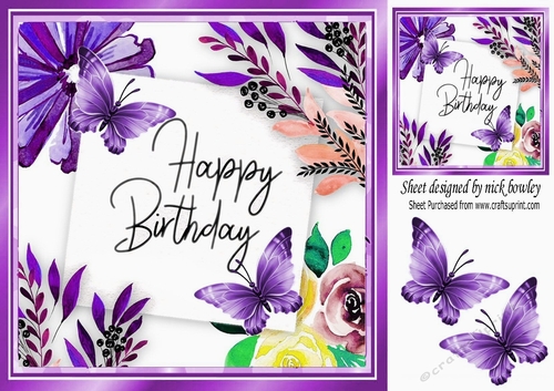purple watercolour flowers with butterflies 8x8