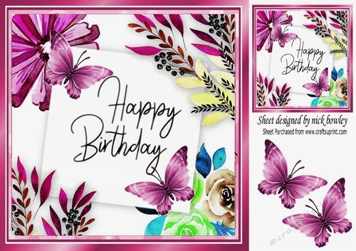 pink watercolour flowers with butterflies 8x8