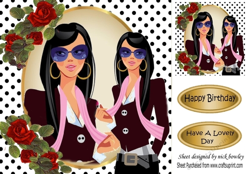 Modern girl with red roses and polkadot frame 8x8