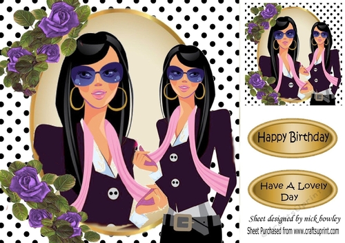 Modern girl with purple roses and polkadot frame 8x8