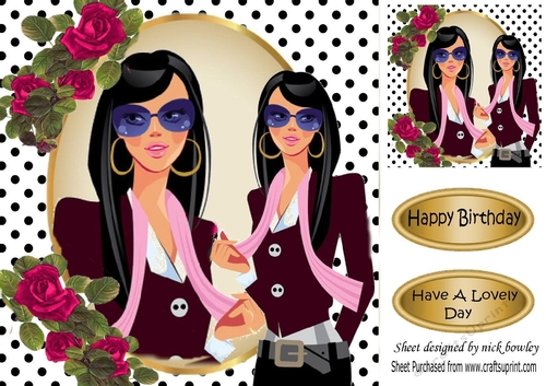 Modern girl with cerise roses and polkadot frame 8x8