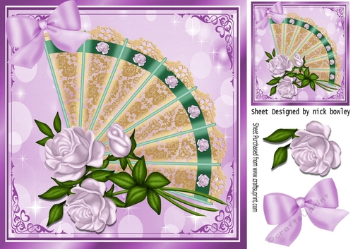 pretty lace fan with pretty shades of lilac roses 8x8